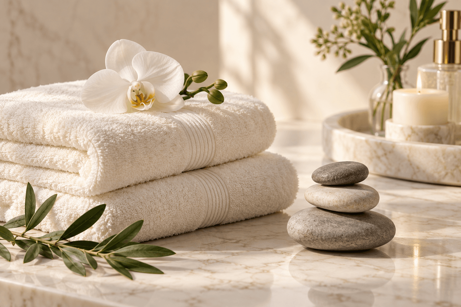 Toalhas, orquídea e pedras num spa elegante